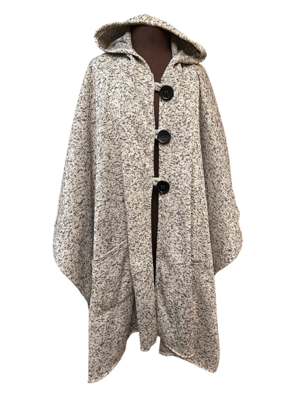 Hooded Button-Front Cape Coat in Speckled Heather Gray